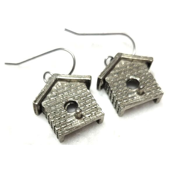 JIM CLIFT Pewter Birdhouse Dangle Earrings Signed Vtg Cabincore Cottage Fairy - Picture 3 of 4